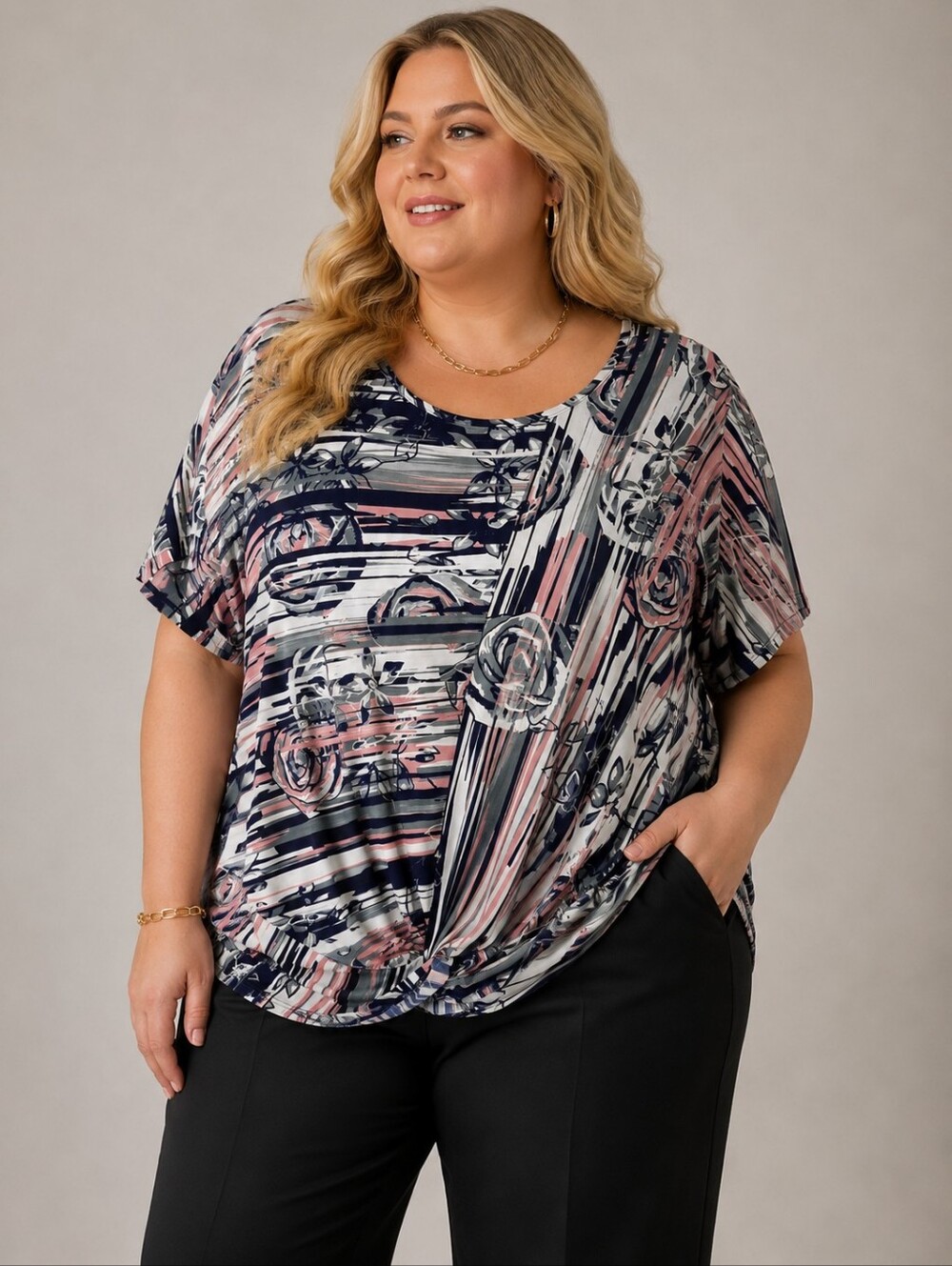 Sami & Jo Floral Stripe Twist-Front Top - Pink & Navy
